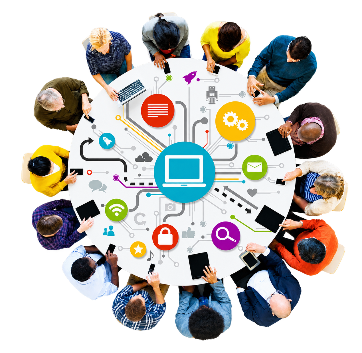 People collaborating around a connected technology table